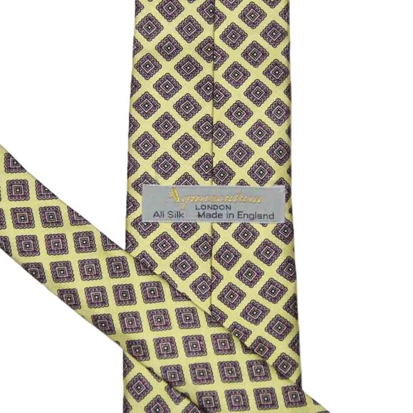 Aquascutum London English Silk Tie Yellow Fancy Geometric Men's Short - Picture 2 of 2